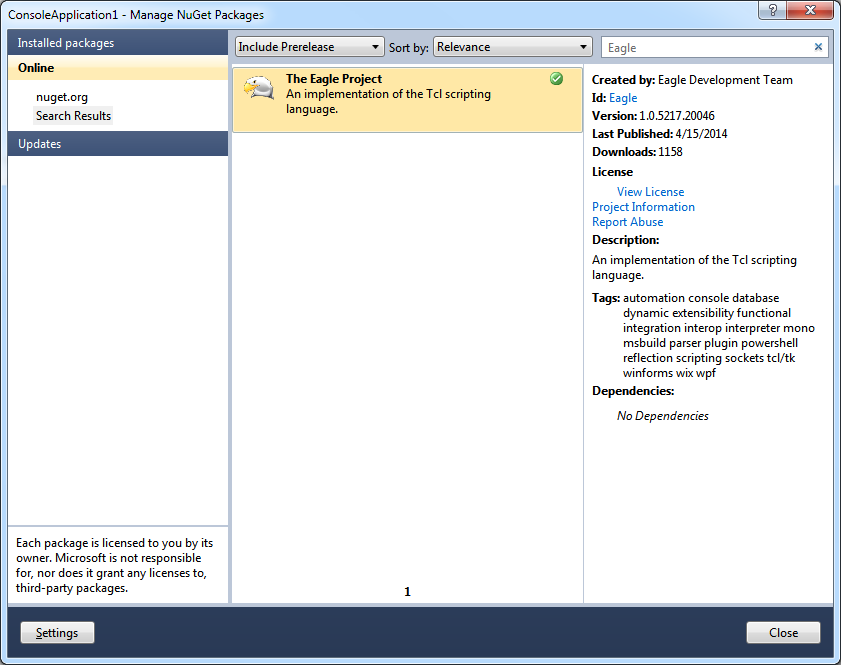 Eagle installed via NuGet search results